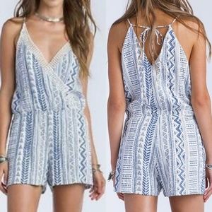 Miss Me Tribal Geo Blue White Lace Mini Romper